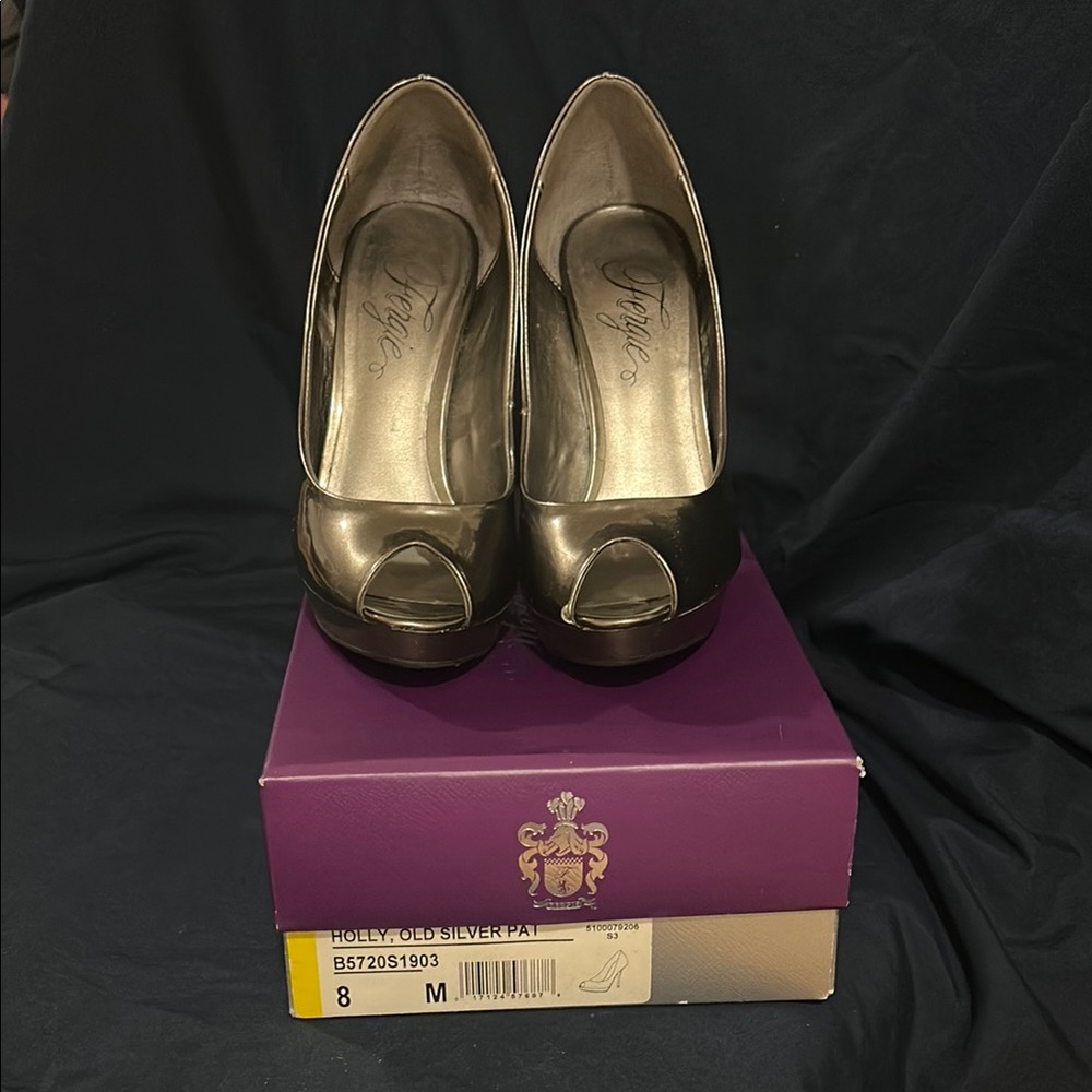 Fergie Metallic Silver Peep Toe Heels